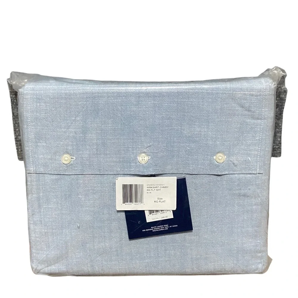 Ralph Lauren Workshirt Chambray King Flat & Extra Deep Fitted Sheet Set Blue NEW